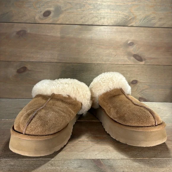 ugg disquette womens size 8 shoes brown suede shearling platform slippers - Picture 3 of 9